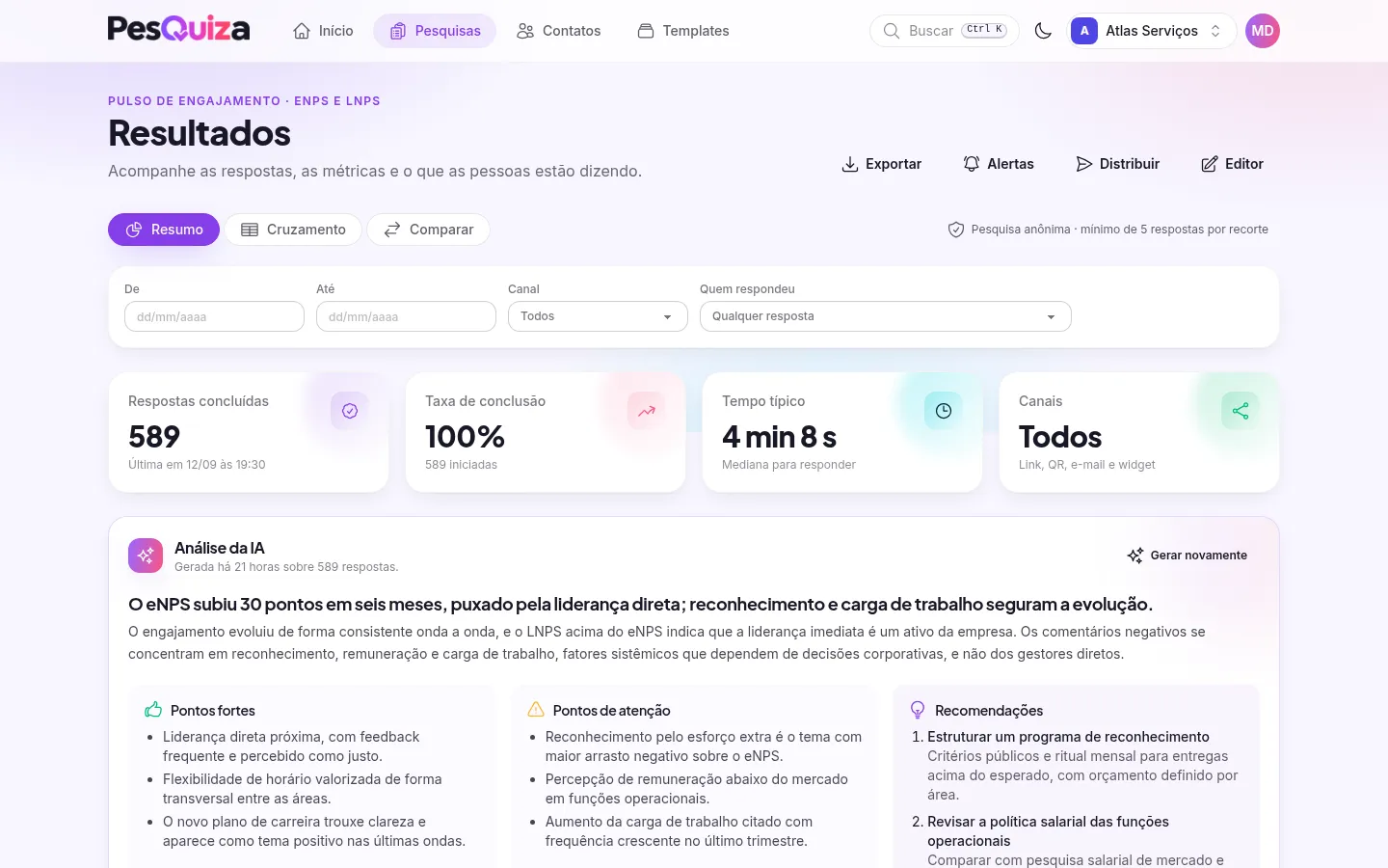 Apuração de um pulso de engajamento no PesQuiza: indicadores, métricas e a análise da IA com pontos fortes, pontos de atenção e recomendações.