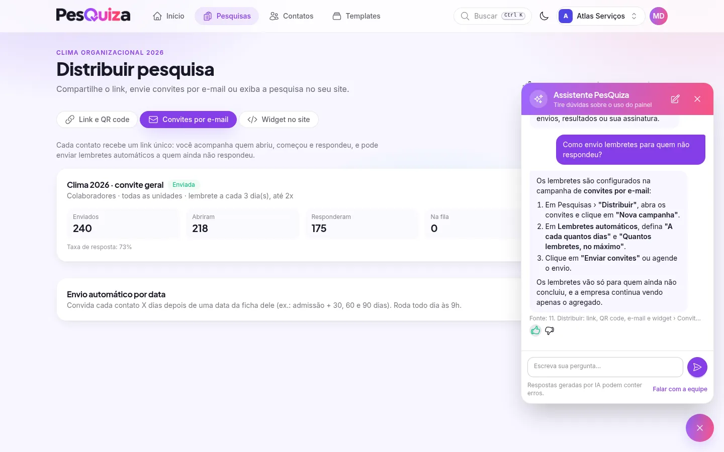 Assistente PesQuiza aberta no painel, explicando passo a passo como configurar lembretes automáticos em uma campanha.