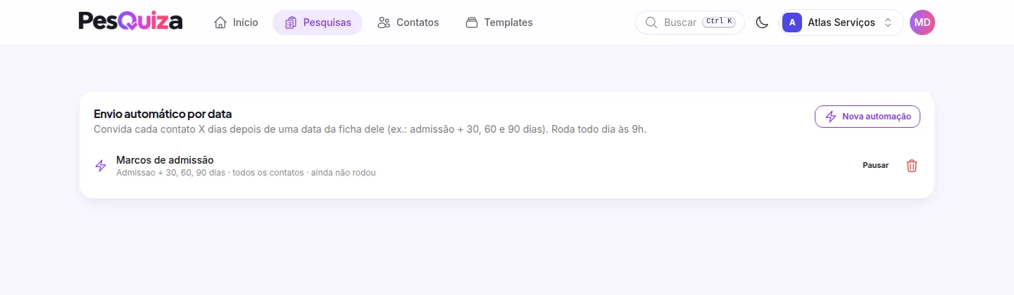Automação que convida cada colaborador 30, 60 e 90 dias após a data de admissão.
