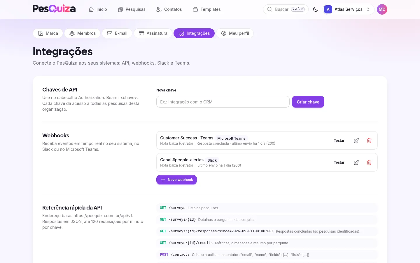 Integrações com webhooks para Slack e Microsoft Teams e a referência da API REST.