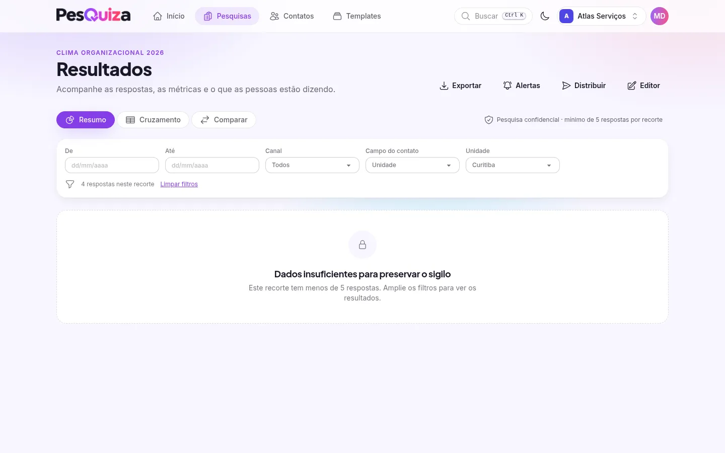 Recorte com menos de 5 respostas exibido como dados insuficientes para preservar o sigilo.