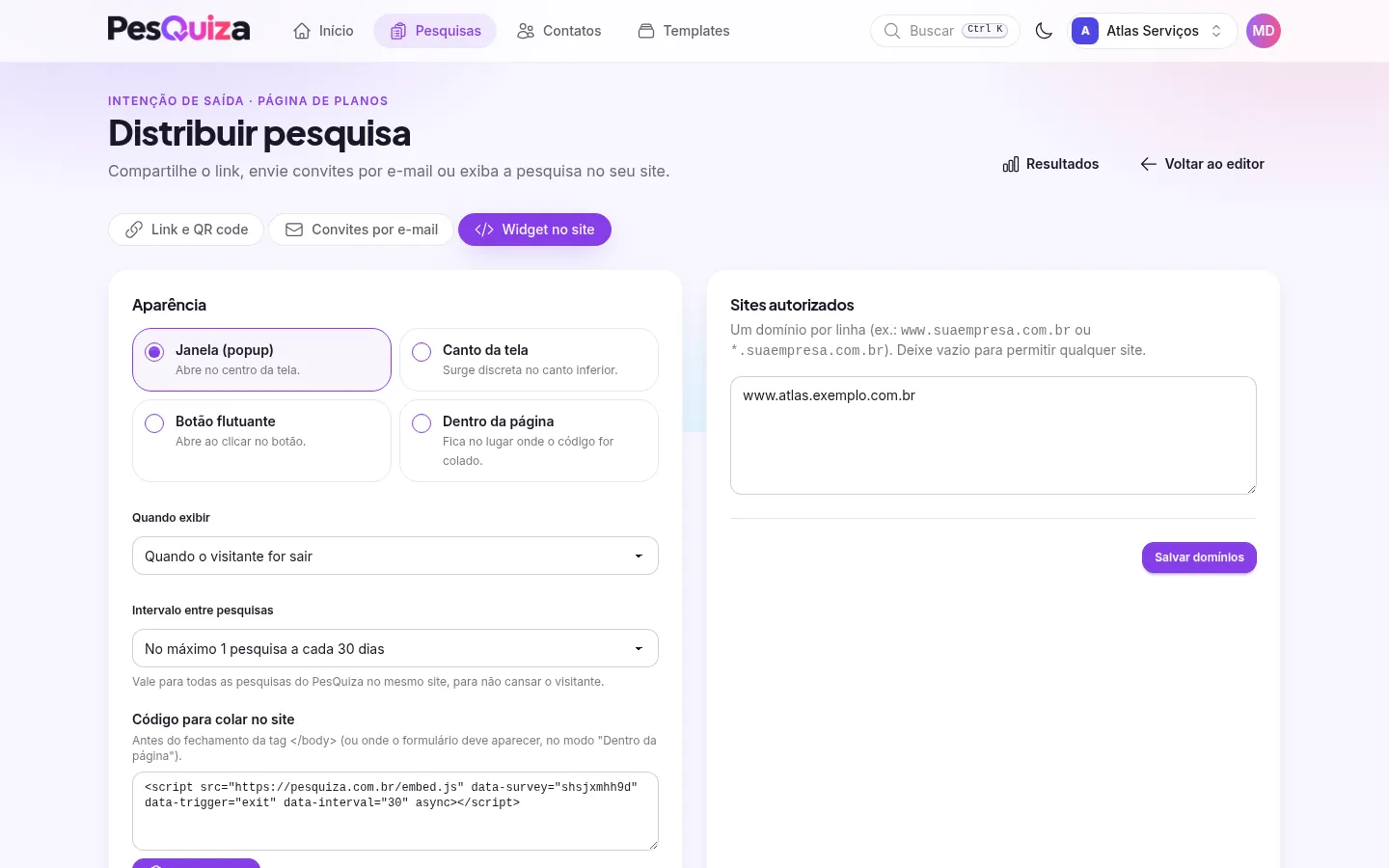 Configuração do widget com formato popup, gatilho de saída e intervalo entre pesquisas.